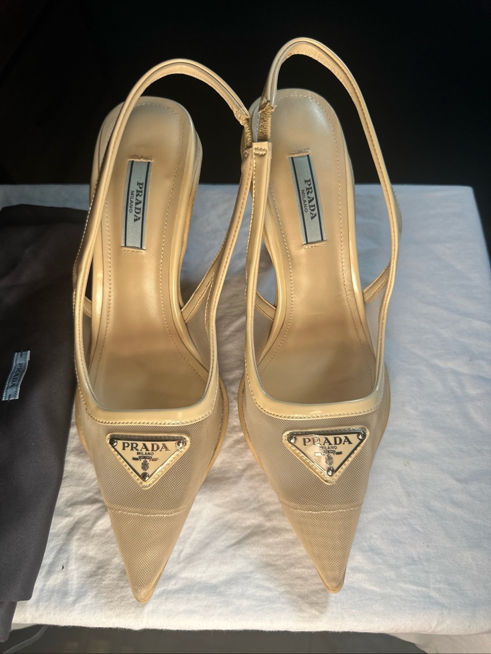 Prada Tan Mesh Pointed-Toe Slingback Pumps with Logo Plaque